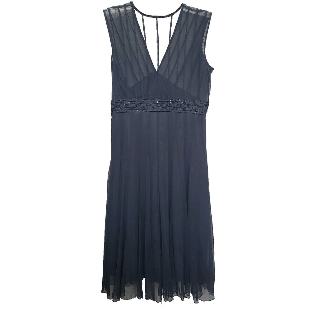 ICE Black Mesh Beaded Empire Waist Sleeveless Midi Dress Vintage Size 10 Witchy